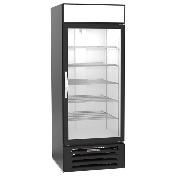 A black Beverage-Air wine refrigerator with glass doors.