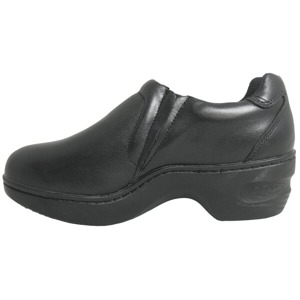 A black full grain leather clog with a black sole and side zipper.