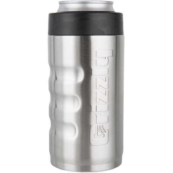 A silver stainless steel Grizzly can with a black handle.