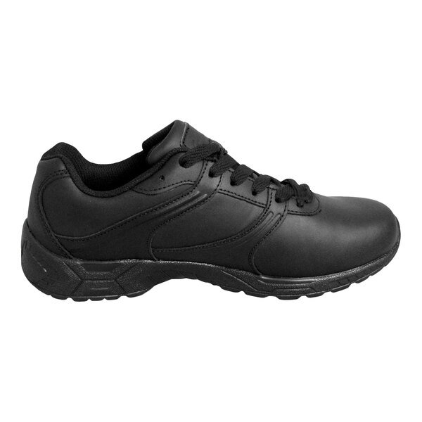 A black athletic shoe with a plain toe, lace-up design, and textured sole, shown in a side profile view.