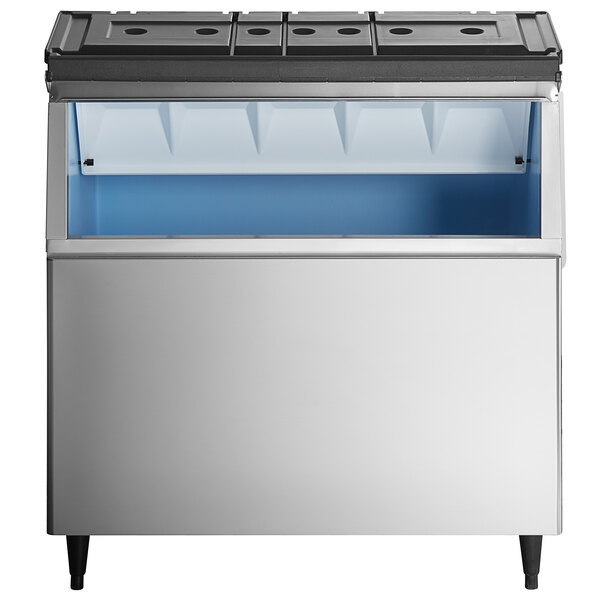A stainless steel Hoshizaki ice storage bin with a blue door.