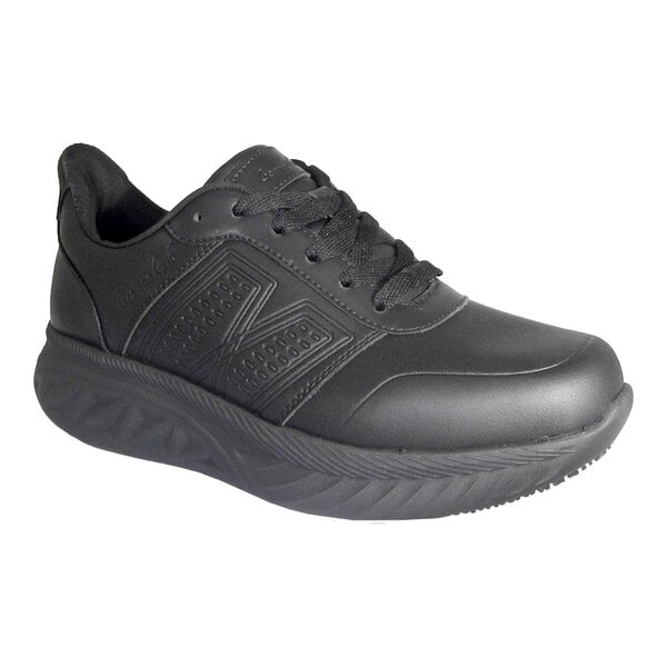 A black athletic shoe with a thick, textured sole and lace-up design.