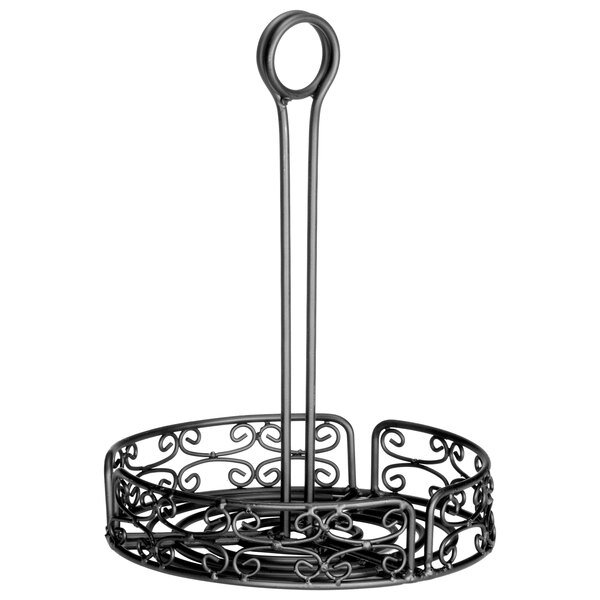 A black metal Tablecraft condiment caddy with a scroll design.