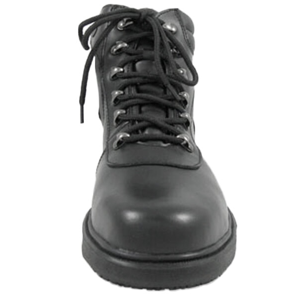 A close-up of a black Genuine Grip steel toe work boot with laces.
