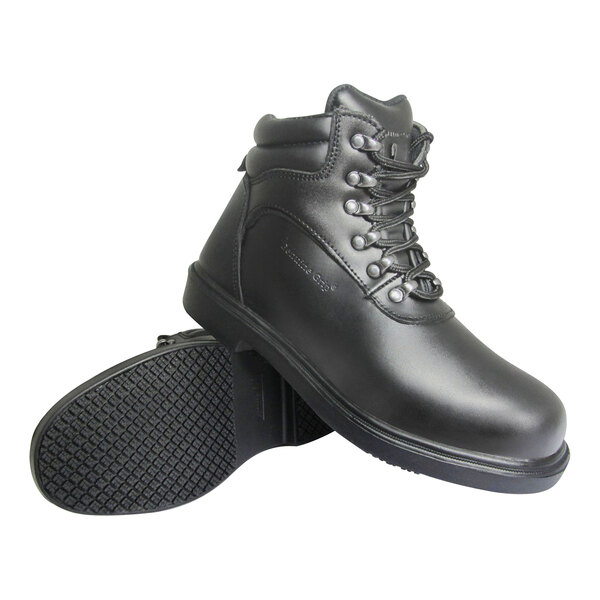 A pair of black Genuine Grip steel toe work boots with a zipper lock.
