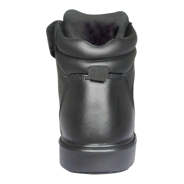 A close-up of a Genuine Grip black leather boot with a zipper.