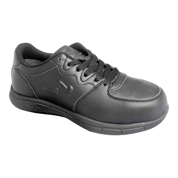 A black athletic shoe with a composite toe and non-slip sole, shown from a side angle.