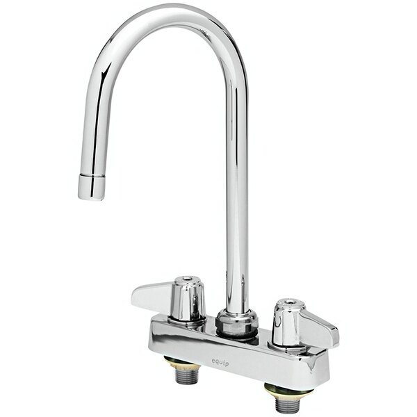 A chrome Equip by T&S deck-mounted workboard faucet with two gooseneck spouts and lever handles.