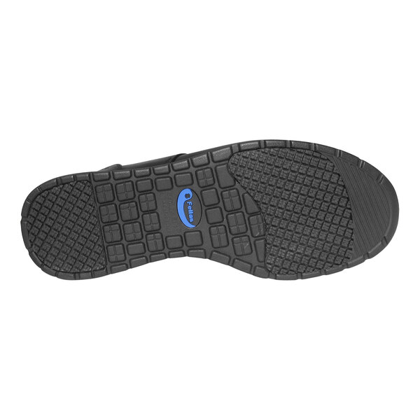 A close-up of a black Genuine Grip women's shoe with blue rubber soles and a blue logo.