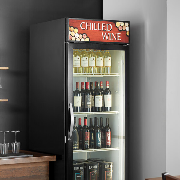A Beverage-Air wine refrigerator with glass doors full of wine bottles.