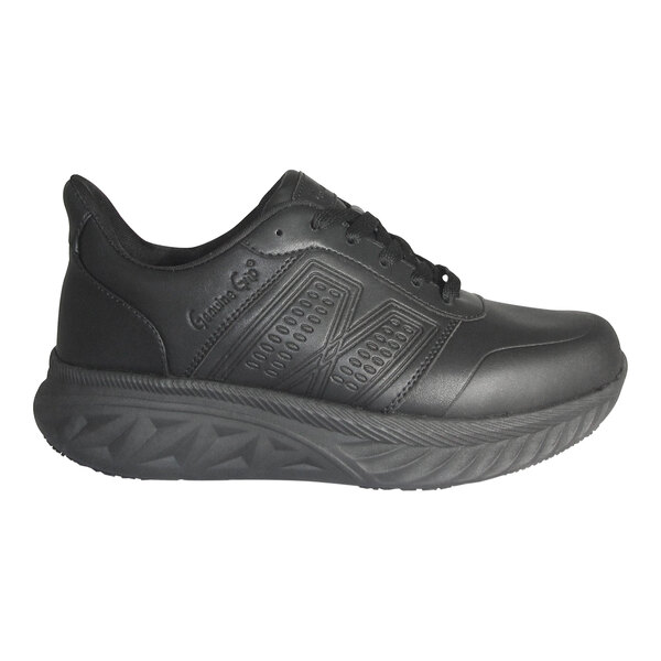 A black athletic shoe with a textured sole and lace-up design, shown in a side profile view.