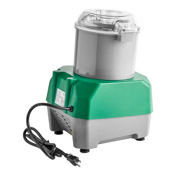 A gray and green batch bowl food processor with a clear lid and attached power cord.