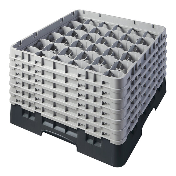 A black plastic Cambro rack with 36 compartments and 5 extenders.