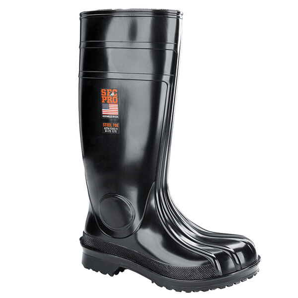 A black Shoes For Crews Guardian IV work boot with an orange logo.