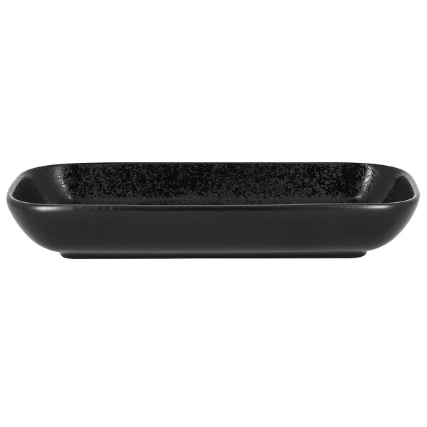 A black rectangular RAK Porcelain serving dish with a black rim.