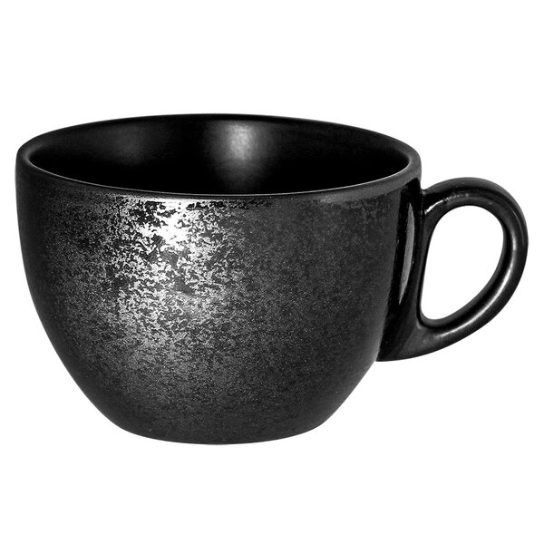 a black coffee cup with a handle