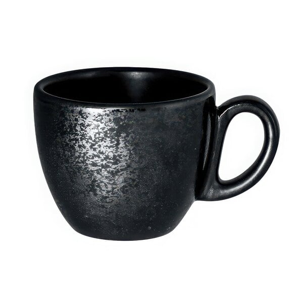 A black RAK Porcelain espresso cup with a handle.