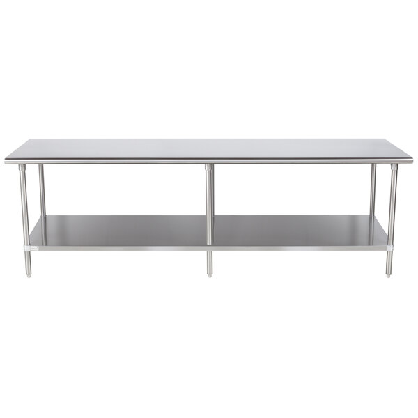 An Advance Tabco stainless steel work table with undershelf.