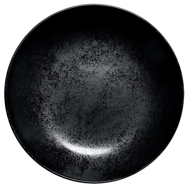 A black RAK Porcelain round deep coupe porcelain plate with specks.