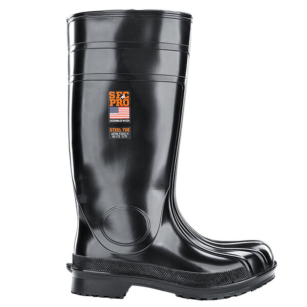 A black rubber Shoes For Crews work boot with a white logo.