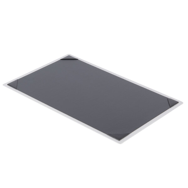 A rectangular brushed aluminum menu board with corner tape.