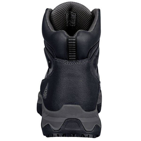 The bottom of a black ACE Glacier work boot with a steel toe.