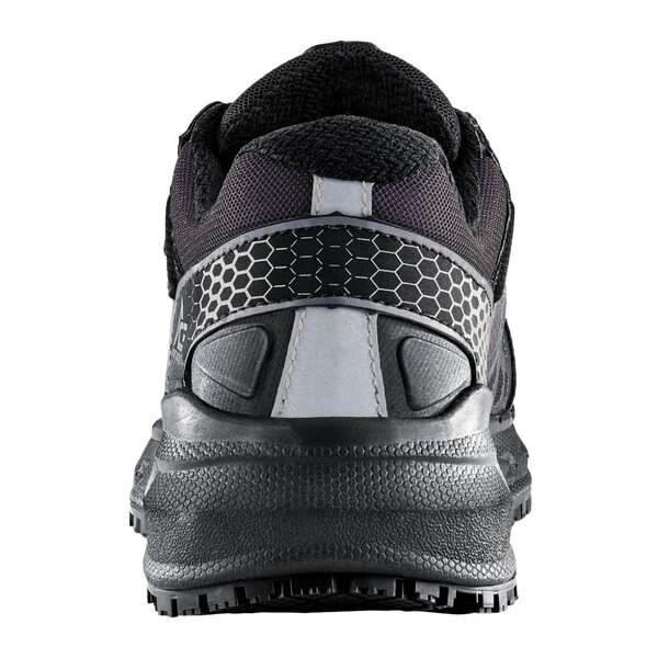 The back and bottom of a black and grey ACE Aster athletic shoe.