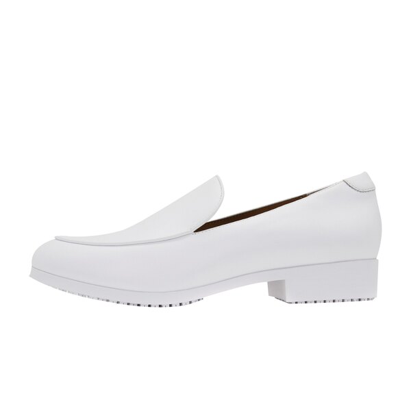 A white Shoes For Crews loafer with a white sole and black accents.