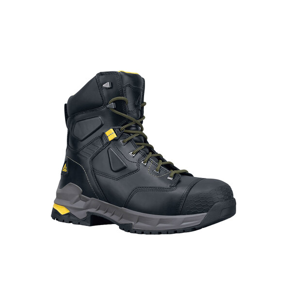 A black ACE Redrock work boot with yellow accents.