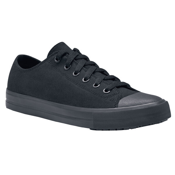A black Shoes For Crews Delray shoe with laces.