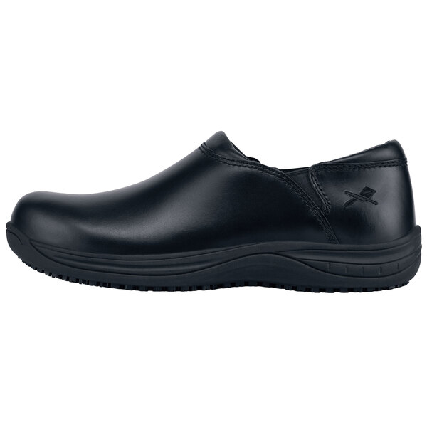 A MOZO black leather slip-on men's shoe with a rubber sole.
