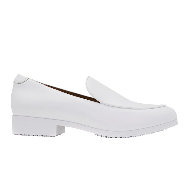 A white Shoes For Crews loafer with a square toe.