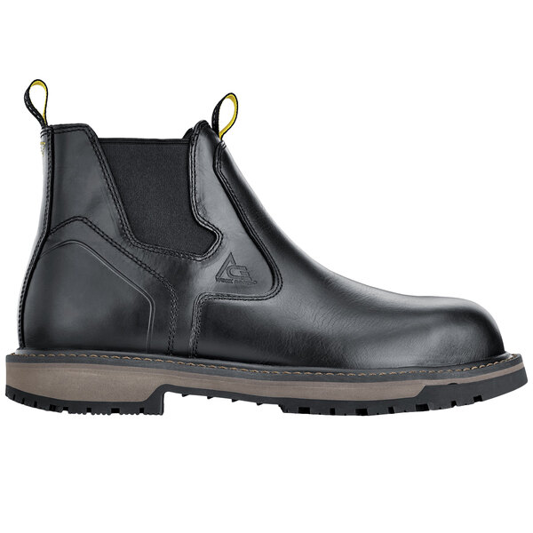 A black work boot with yellow rubber soles.