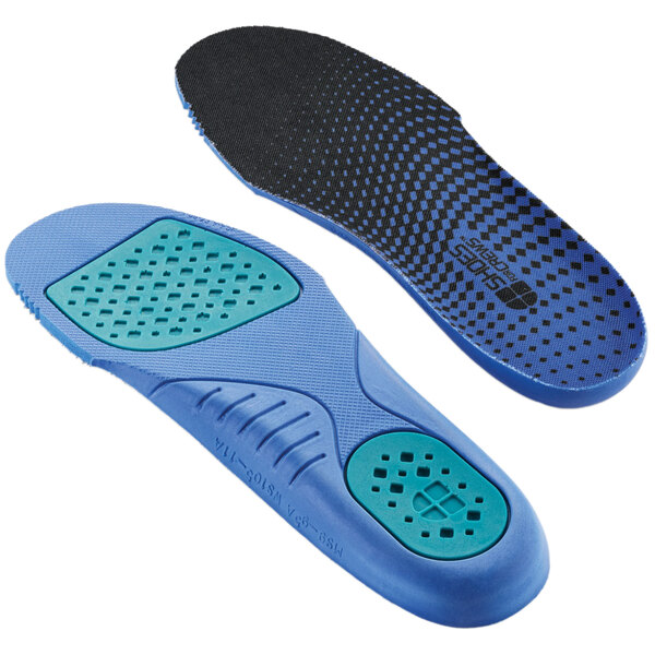 A pair of blue and black Shoes For Crews insoles.