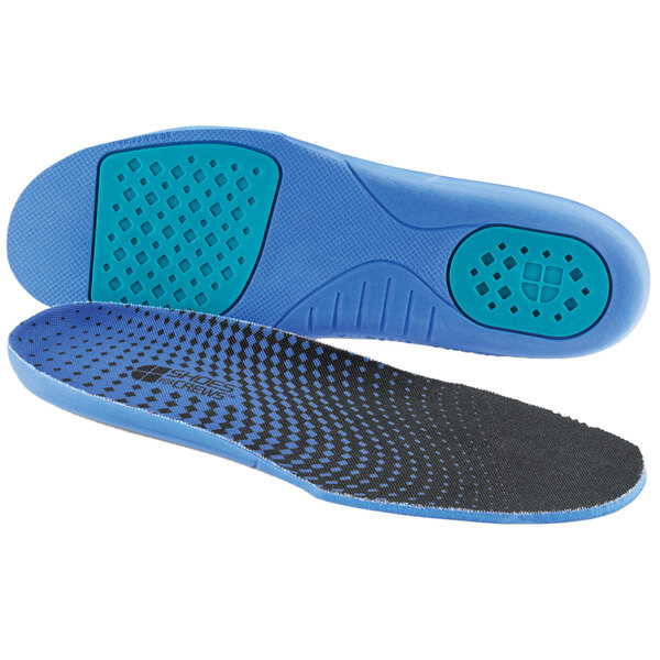 A close-up of a pair of blue and black orthopedic insoles.