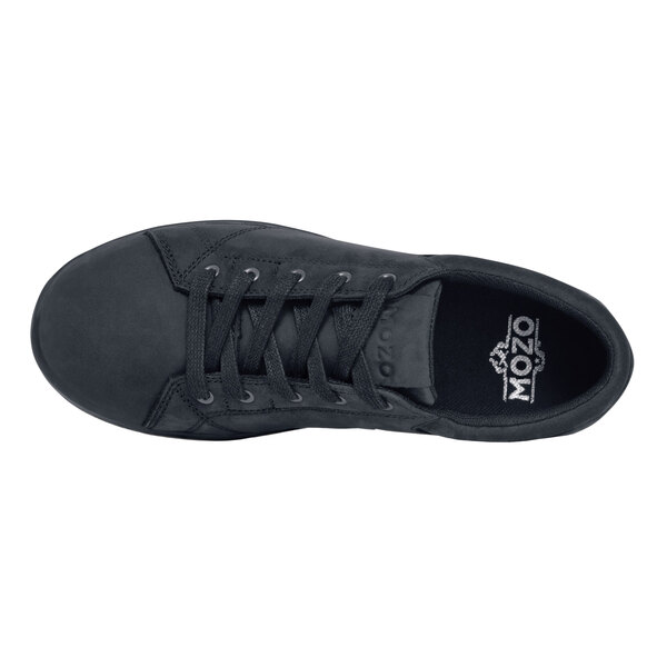 A close-up of a black MOZO casual shoe with laces.