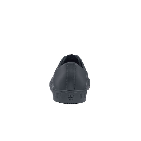 a black shoe with a logo on it