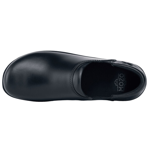 A black leather MOZO water-resistant clog with a rubber sole.