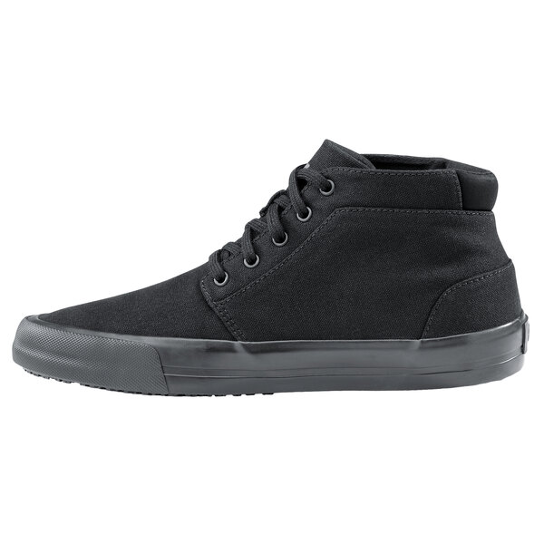 A black Shoes For Crews Cabbie II casual shoe with laces.