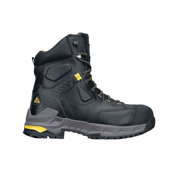 A pair of black and yellow ACE Redrock work boots with composite toe caps.