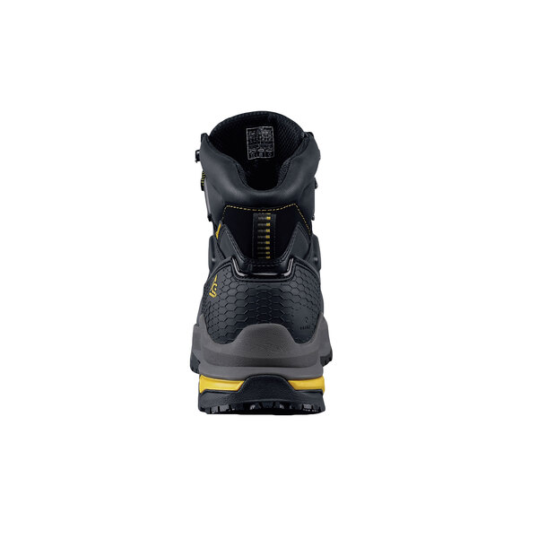 The back of a black and yellow ACE Redrock work boot with a yellow heel.