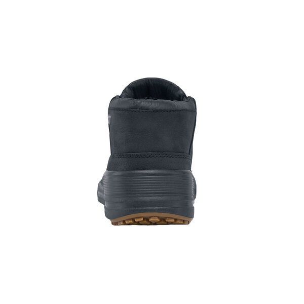 The back of a black Mozo casual shoe with brown rubber soles.