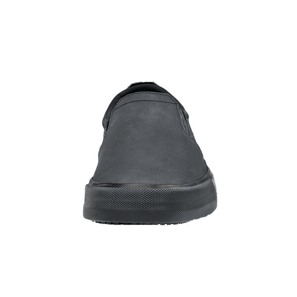 A close-up of black Shoes For Crews Ollie II non-slip shoe with a rubber sole.