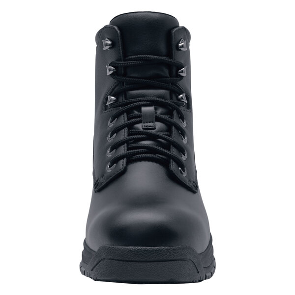 a close-up of a black boot