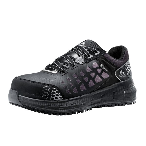 A black and gray water-resistant work shoe with laces.