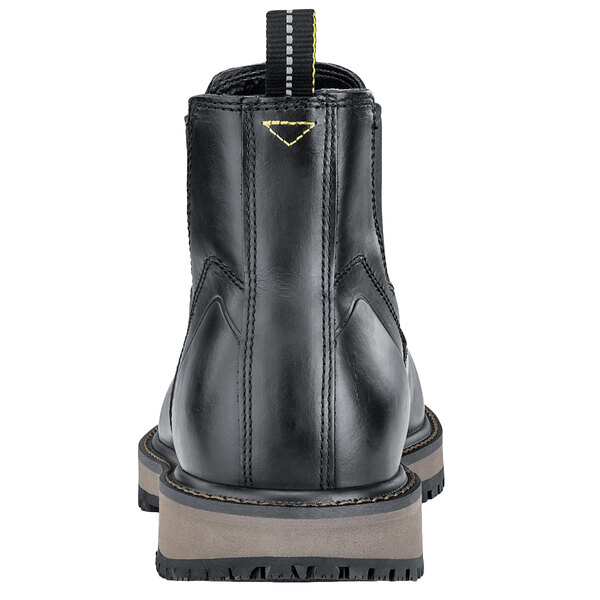 The back of a black ACE Firebrand men's work boot with yellow stitching.