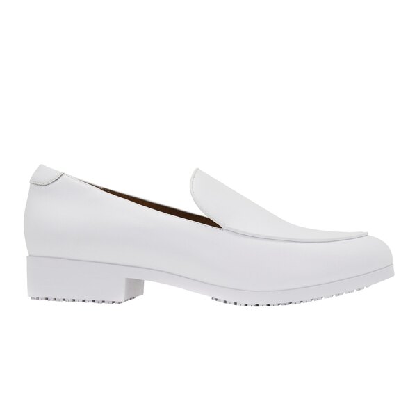 A white Shoes For Crews Riley dress shoe with a square toe.