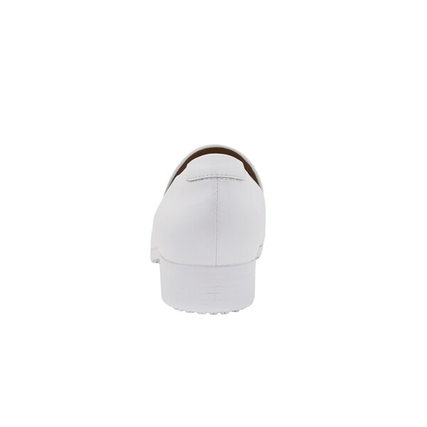 The back of a white Shoes For Crews Riley dress shoe on a white background.