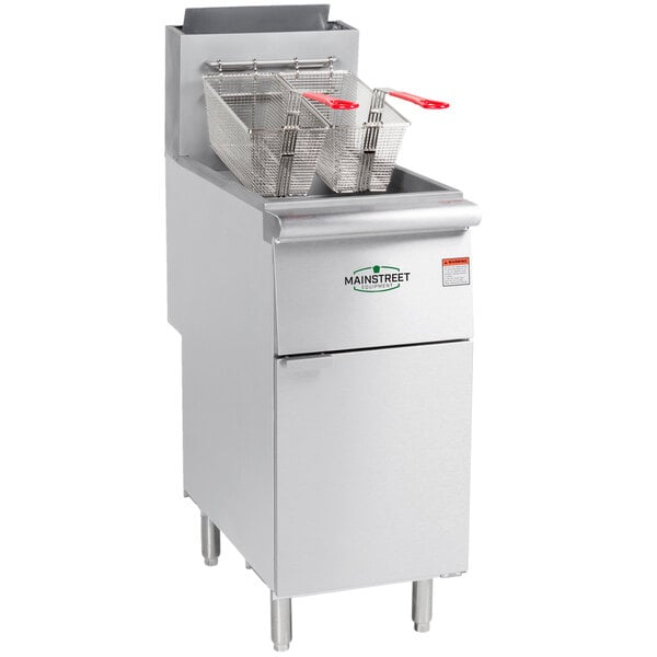 A MainStreet Equipment stainless steel floor fryer with baskets on top.