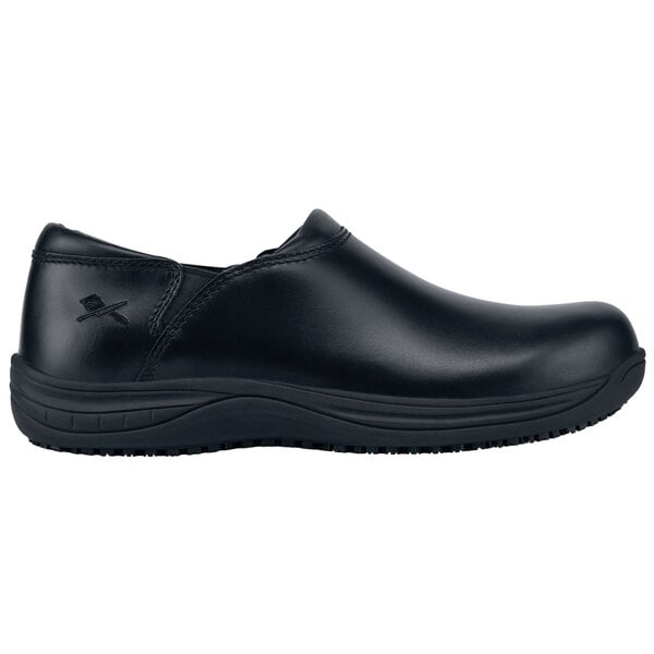 A MOZO black slip-on shoe with a black rubber sole.